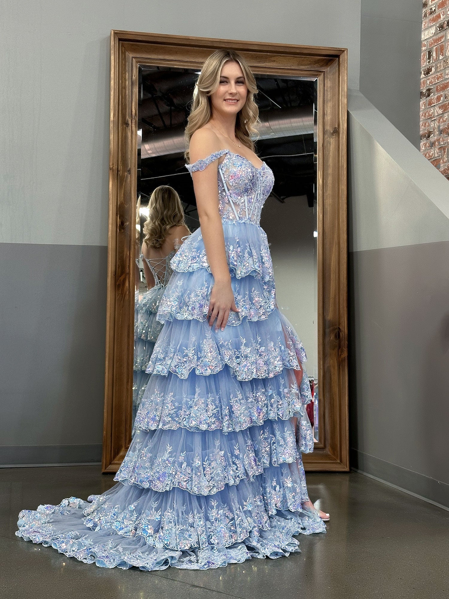 Blue Crystal Sequins Princess A Line Off the Shoulder Prom Dress with Lace Ruffles