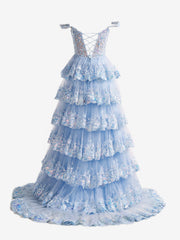 Blue Crystal Sequins Princess A Line Off the Shoulder Prom Dress with Lace Ruffles