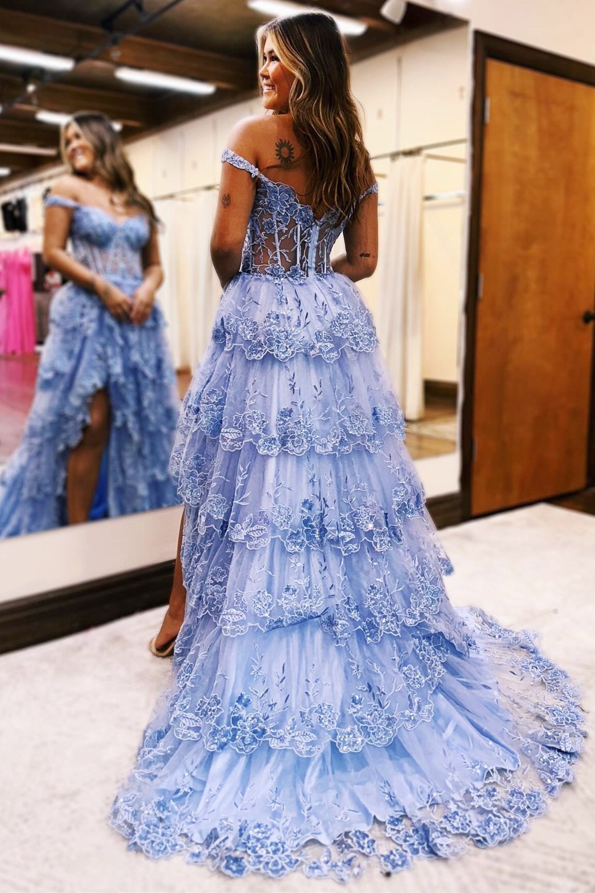 Periwinkle Tulle Appliqued Off-the-Shoulder Ruffle Long Prom Dress