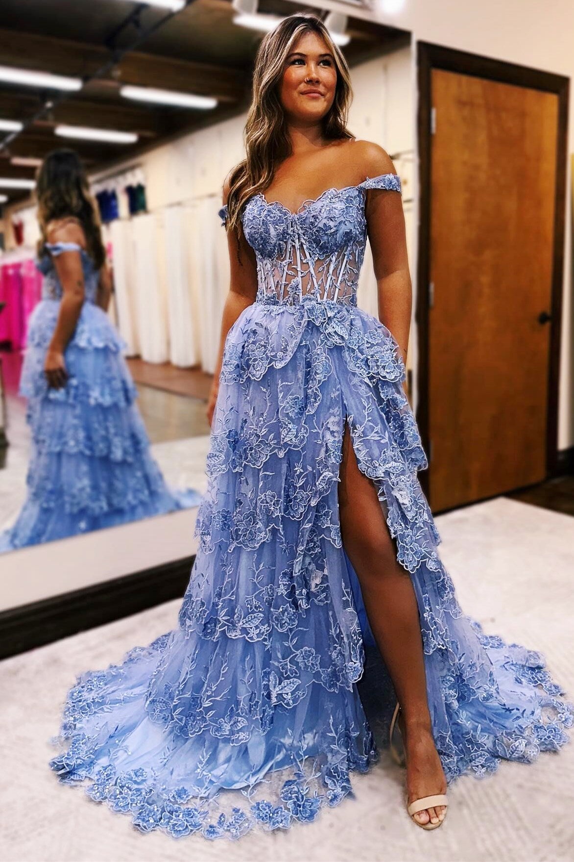 Periwinkle Tulle Appliqued Off-the-Shoulder Ruffle Long Prom Dress
