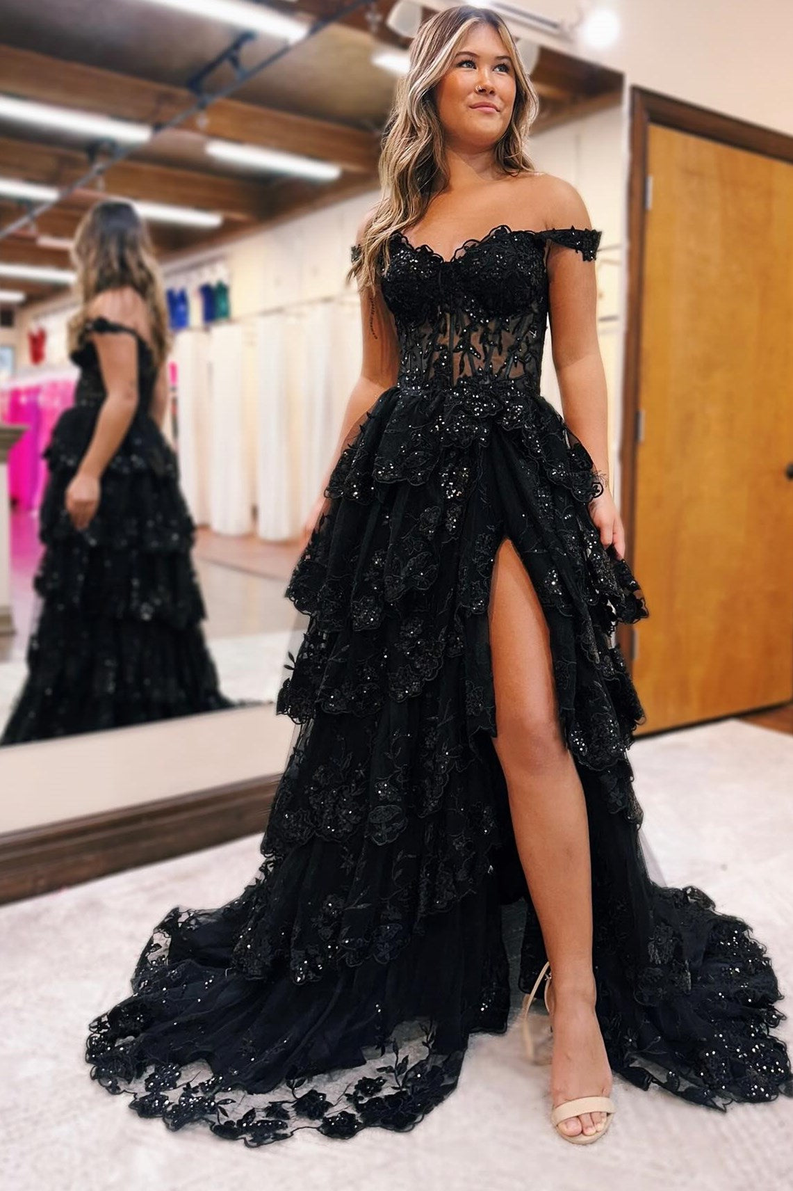 Periwinkle Tulle Appliqued Off-the-Shoulder Ruffle Long Prom Dress