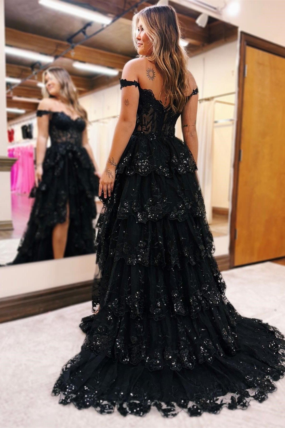 Periwinkle Tulle Appliqued Off-the-Shoulder Ruffle Long Prom Dress