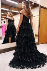 Periwinkle Tulle Appliqued Off-the-Shoulder Ruffle Long Prom Dress