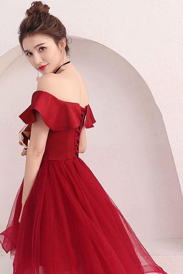 Burgundy Tulle Off-The-Shoulder Short Prom Dress Burgundy Homecoming Dress