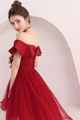 Burgundy Tulle Off-The-Shoulder Short Prom Dress Burgundy Homecoming Dress
