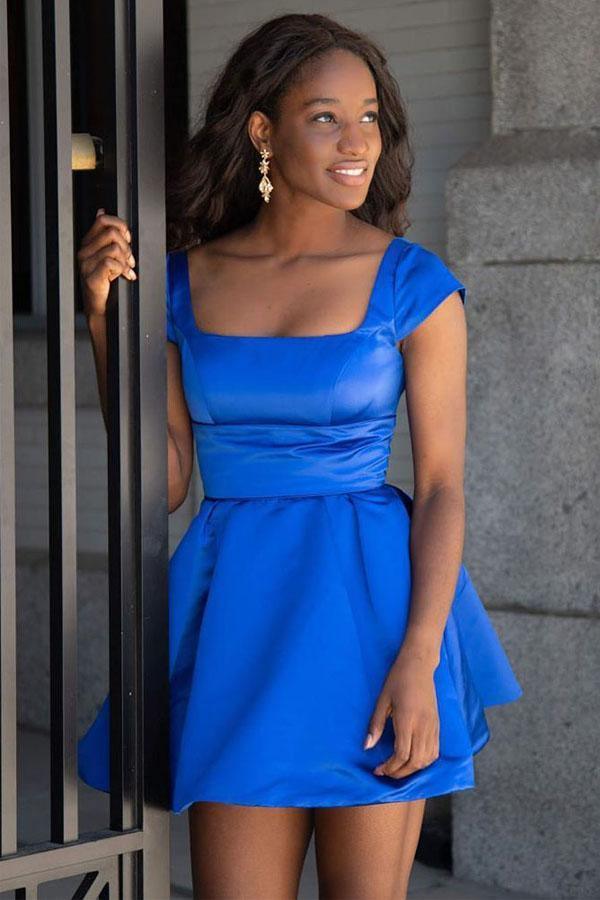 Cap Sleeve Short Royal Blue Homecoming Dress with Lace-Up Back