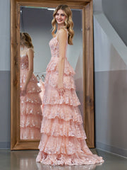 Cute Pink Princess A Line Off the Shoulder Corset Prom Dress with Lace Ruffles