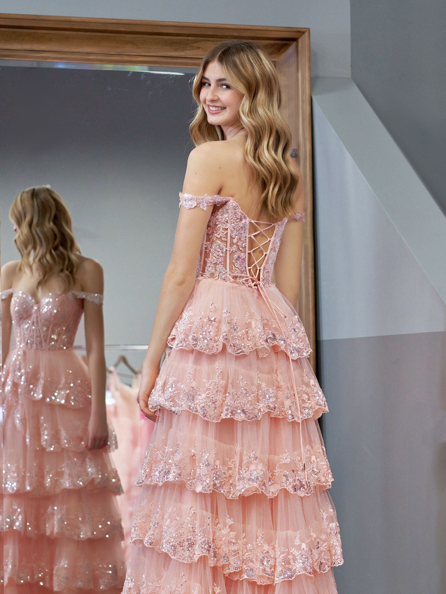 Cute Pink Princess A Line Off the Shoulder Corset Prom Dress with Lace Ruffles