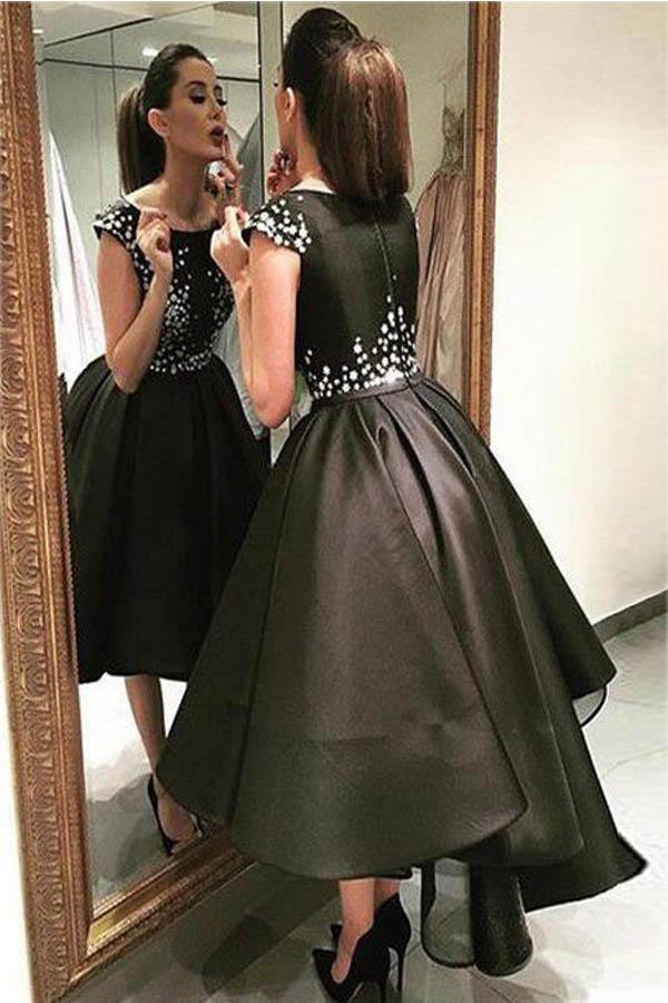 Chic Modern Sparkling Beaded High Low Black Organza Homecoming Dress