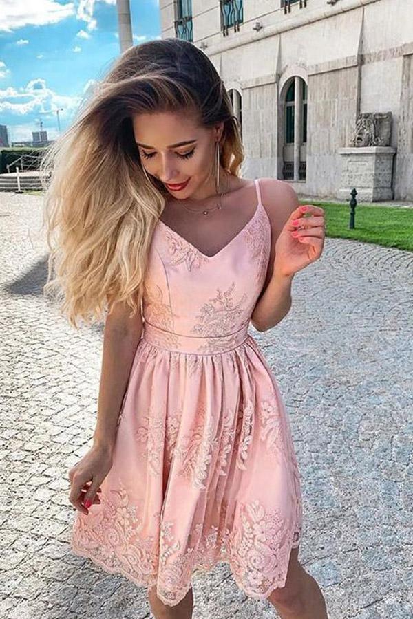Cute A-Line V-Neck Spaghetti Straps Blush Pink Lace Homecoming Dress