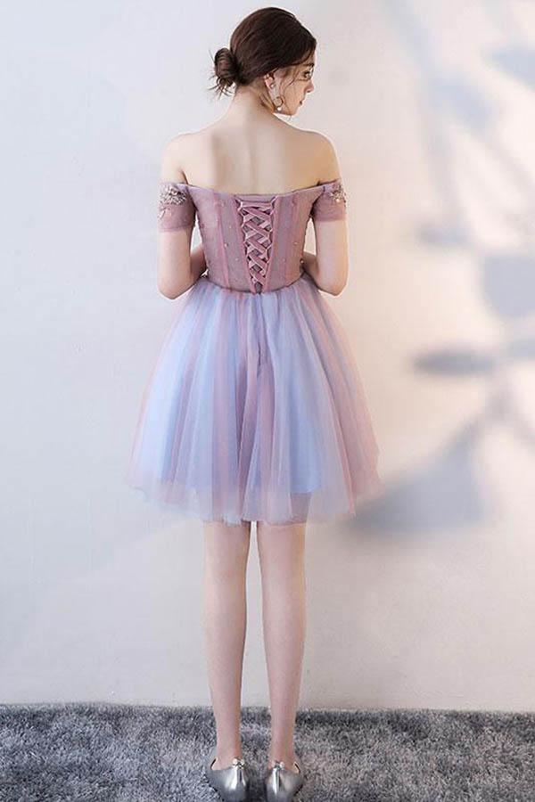 Cute Lace Off The Shoulder Tulle Short Prom Dress Homecoming Dress
