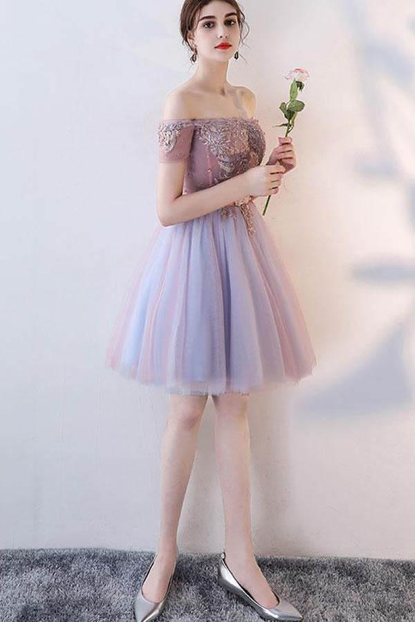 Cute Lace Off The Shoulder Tulle Short Prom Dress Homecoming Dress