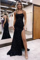 Mermaid Sheath Scoop Neck Sequins Prom Dress with Slit