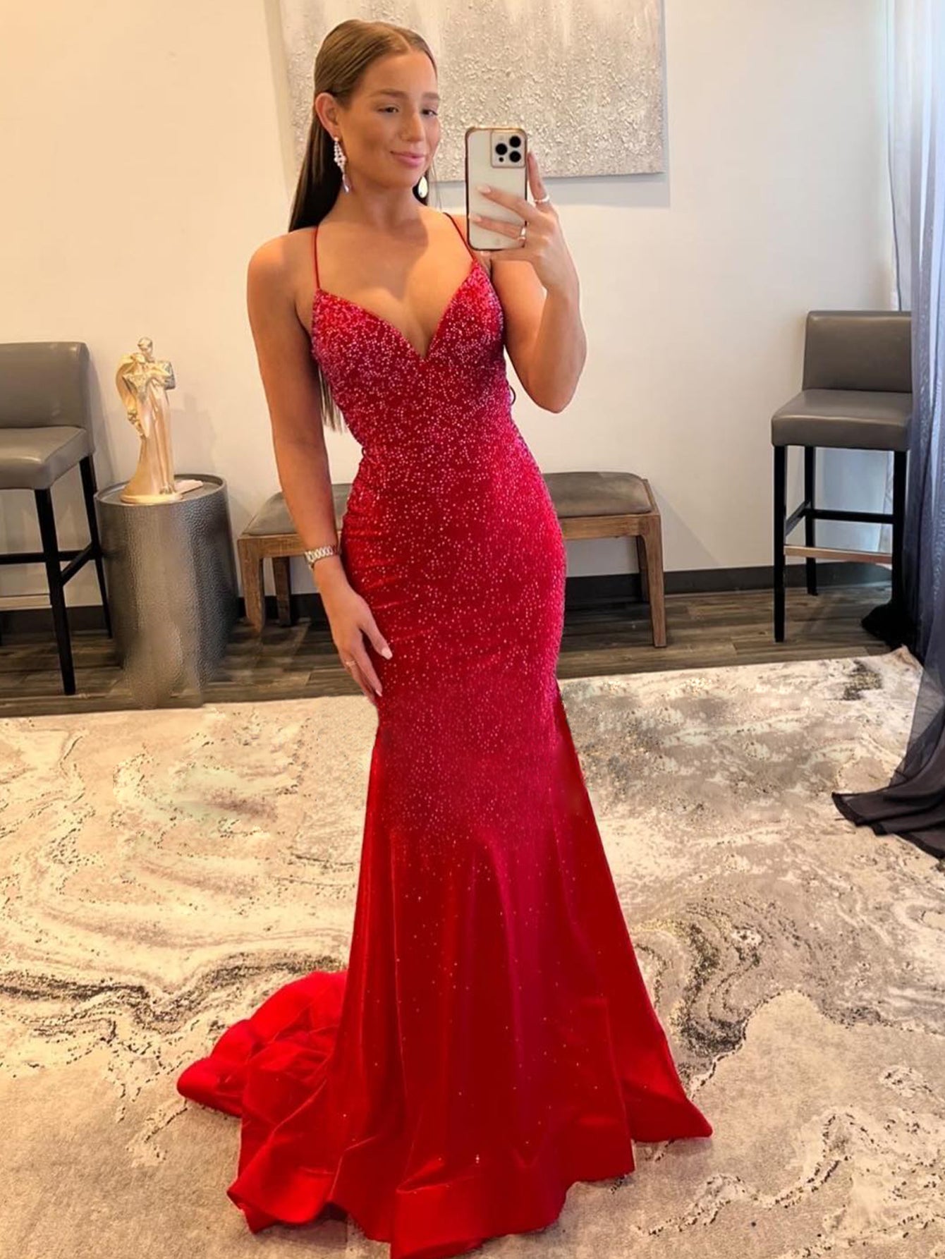 Mermaid Sheath V Neck Red Glitter Satin Prom Dress