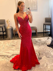 Mermaid Sheath V Neck Red Glitter Satin Prom Dress