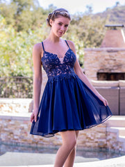 Deep V-applique Back Corset Mini Length Homecoming Dress