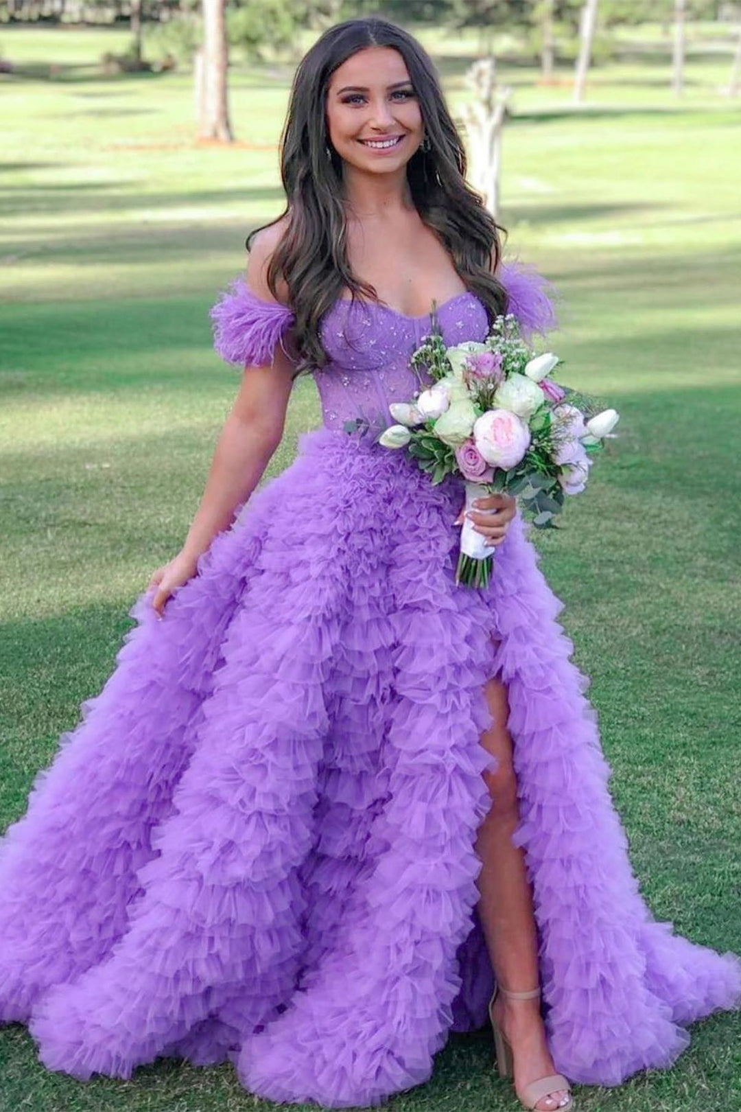 Ingrid |A Line Sweetheart Ruched Tulle Long Prom Dress With Slit