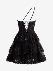 Black A Line One Shoulder Navy  Ruched Lace Short Homecoming Dress