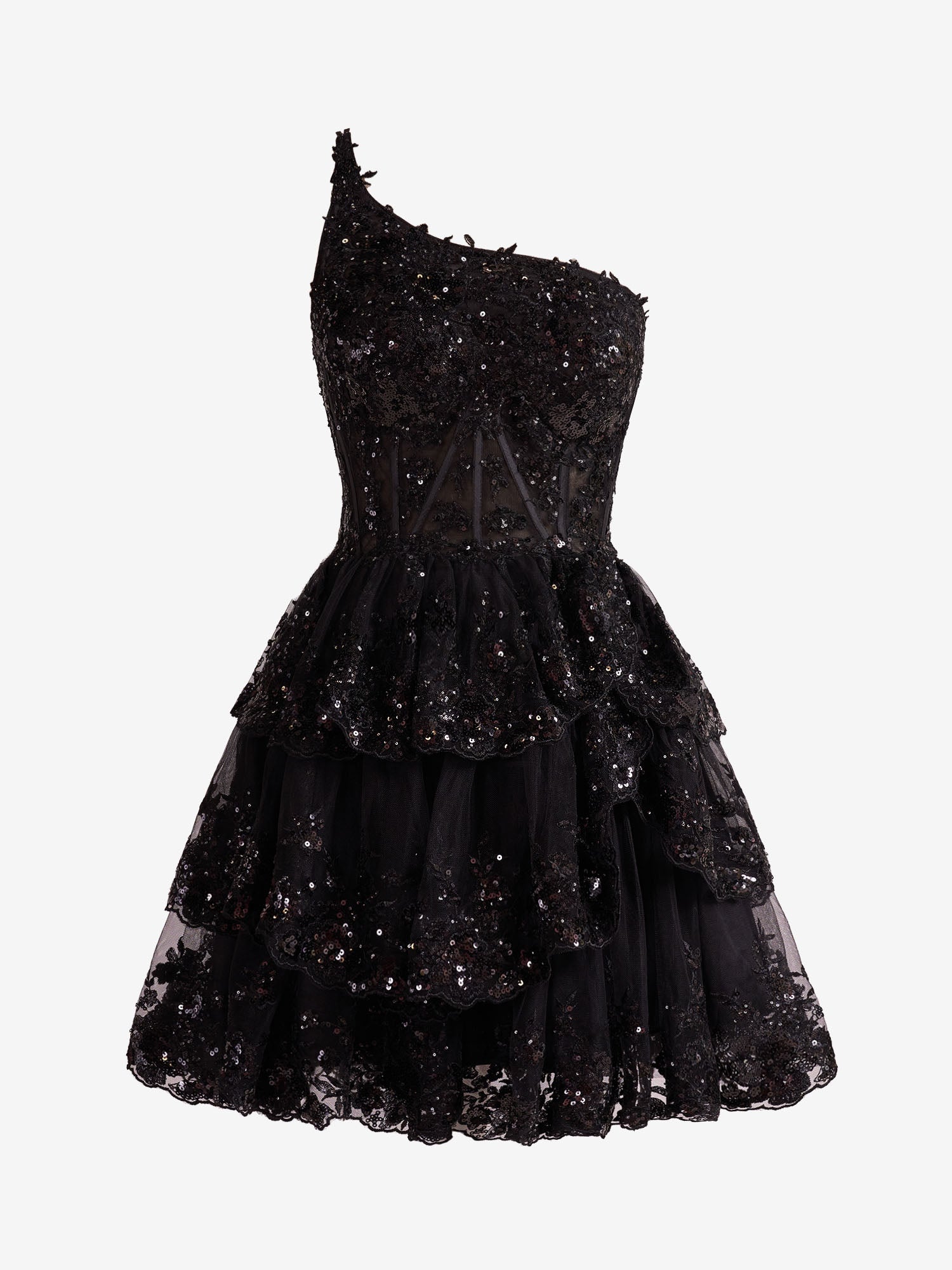 Black A Line One Shoulder Navy  Ruched Lace Short Homecoming Dress