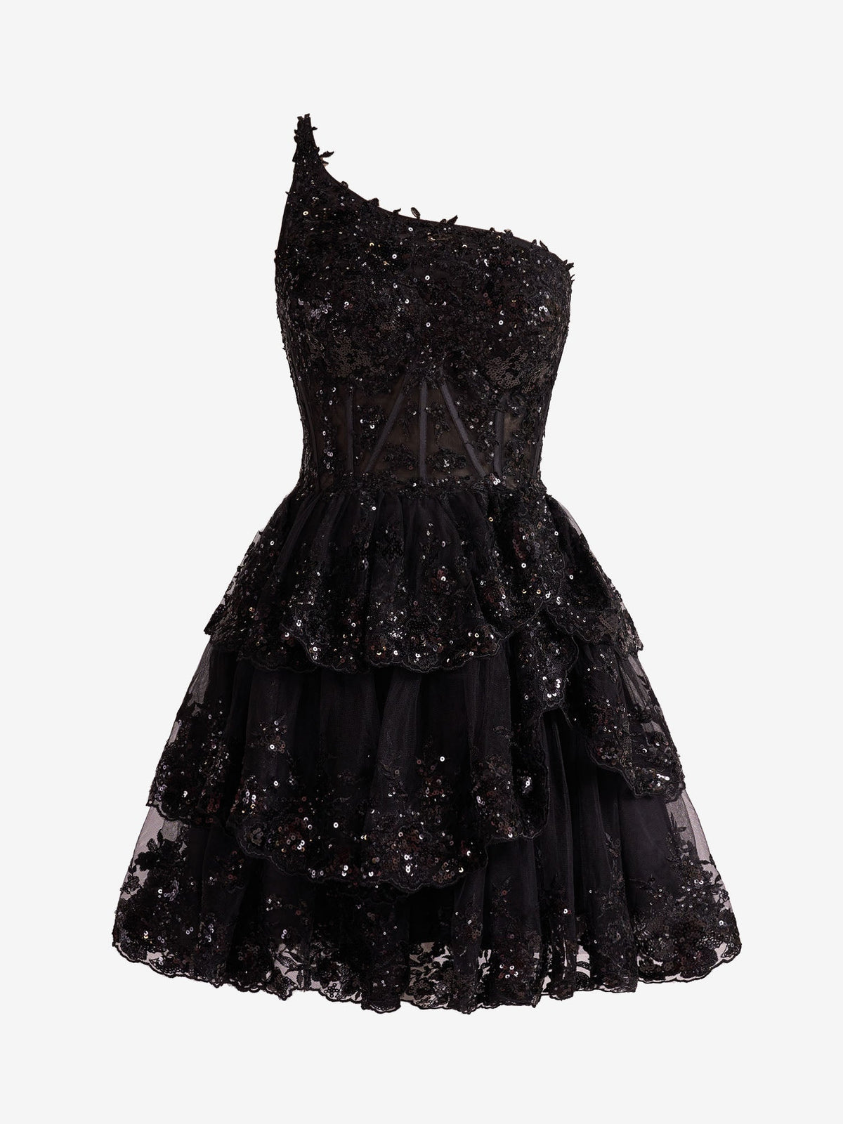 Black A Line One Shoulder Navy  Ruched Lace Short Homecoming Dress