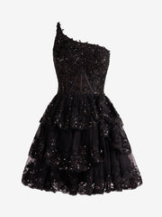 Black A Line One Shoulder Navy  Ruched Lace Short Homecoming Dress