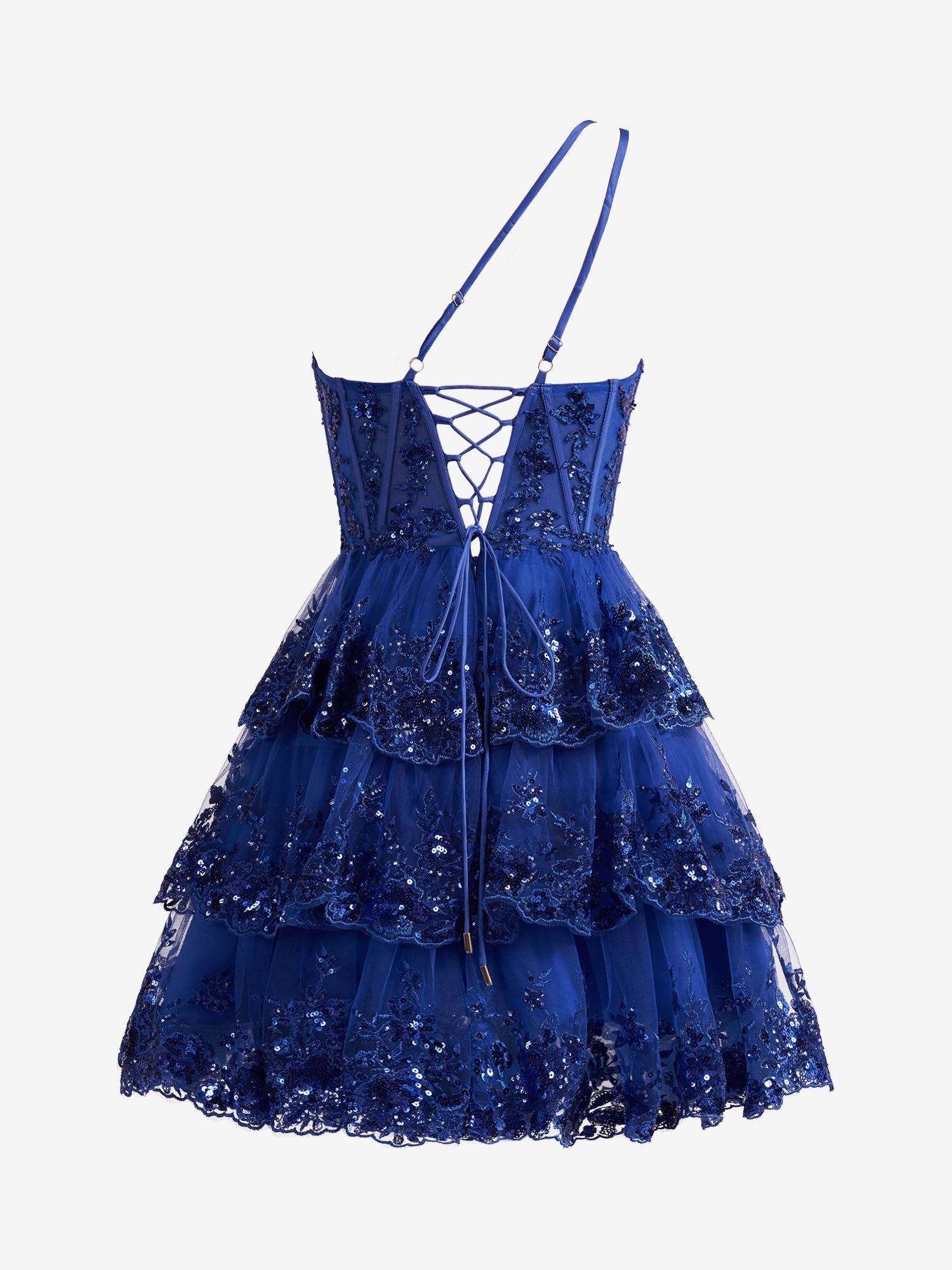 Royal Blue A Line One Shoulder Navy  Ruched Lace Short Homecoming Dress
