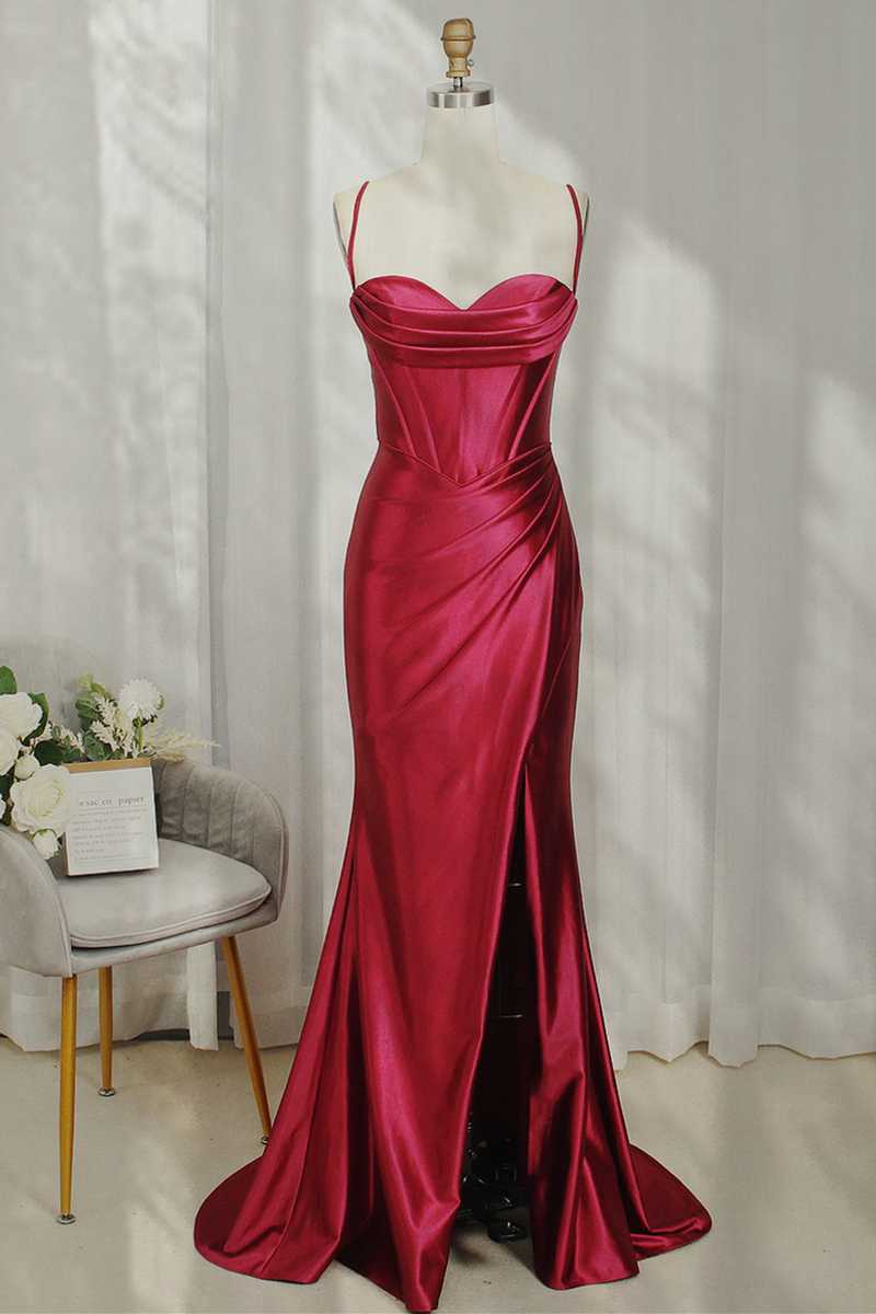 Hot Cute Pink Spaghetti Straps Satin Mermaid Sheath Prom Dress with Slit