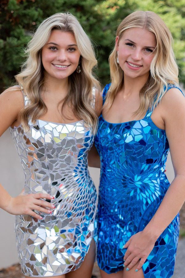 Square Neck Silver Cut Mirror Sequin  Bodycorn Homecoming Dress