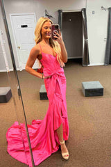Straps V-Neck Satin Mermaid Sheath Prom Dress with Bow
