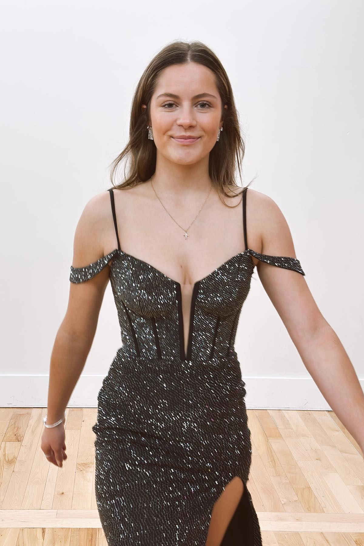 Cold Shoulder Black Beaded Slit Mermaid Sheath Prom Dress