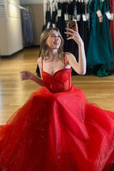Glitter Red Straos Beaded A-Line Formal Dress with Slit