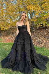 Black Sweetheart Beaded Ruched A-Line Formal Dress
