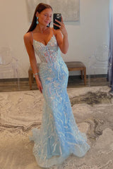 Straps Light Blue V-Neck Sequin Appliqued Mermaid Sheath Prom Dress
