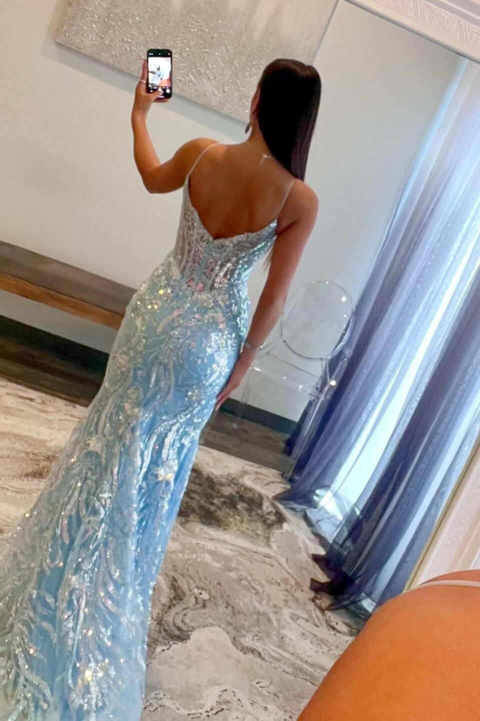 Straps Light Blue V-Neck Sequin Appliqued Mermaid Sheath Prom Dress