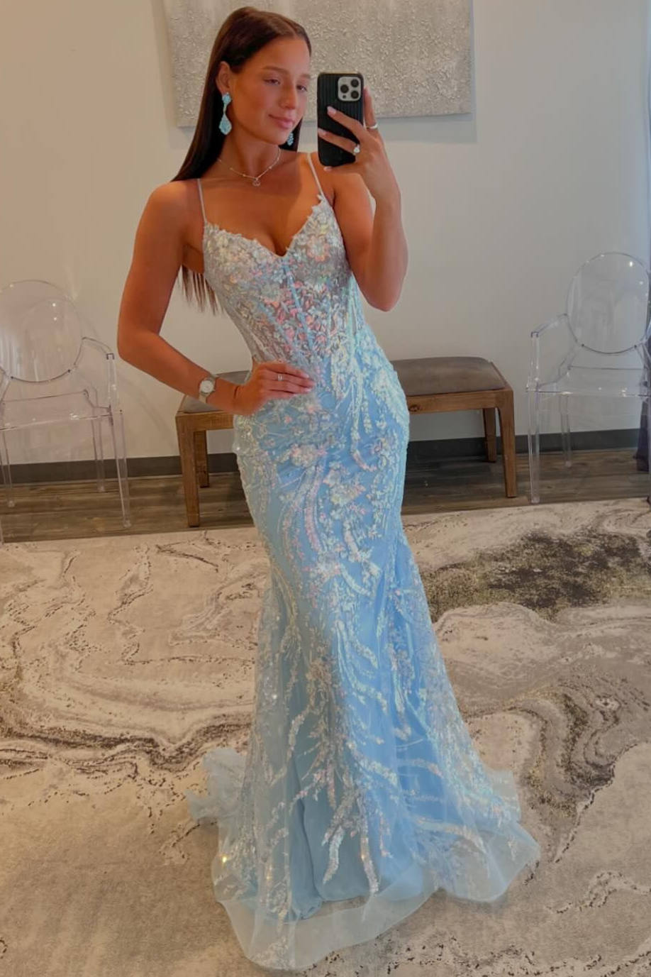 Straps Light Blue V-Neck Sequin Appliqued Mermaid Sheath Prom Dress
