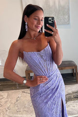 Lavender Strapless Lace Ruched Mermaid Sheath Prom Dress with Slit