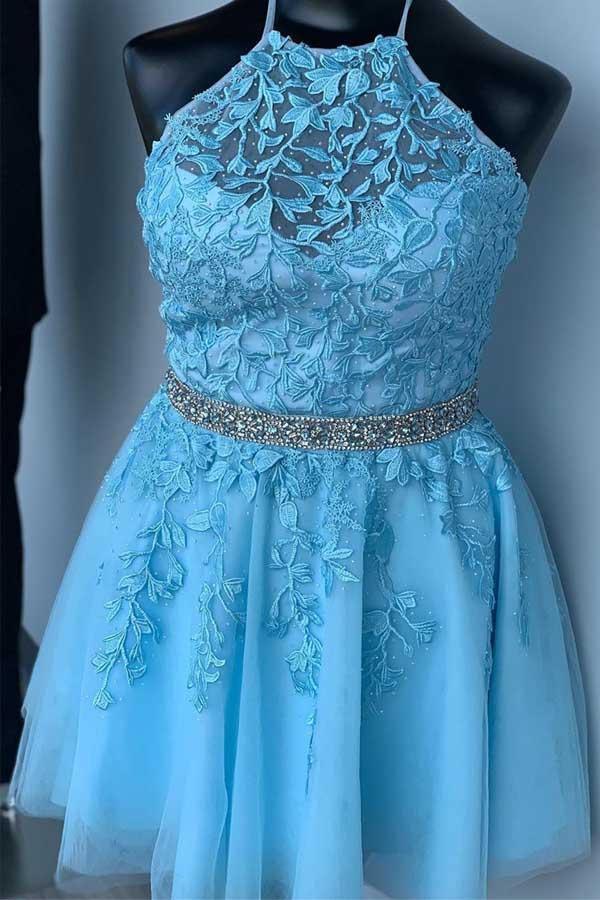 Halter Appliqued Yellow Homecoming Dress Short Prom Dress with Beading Belt