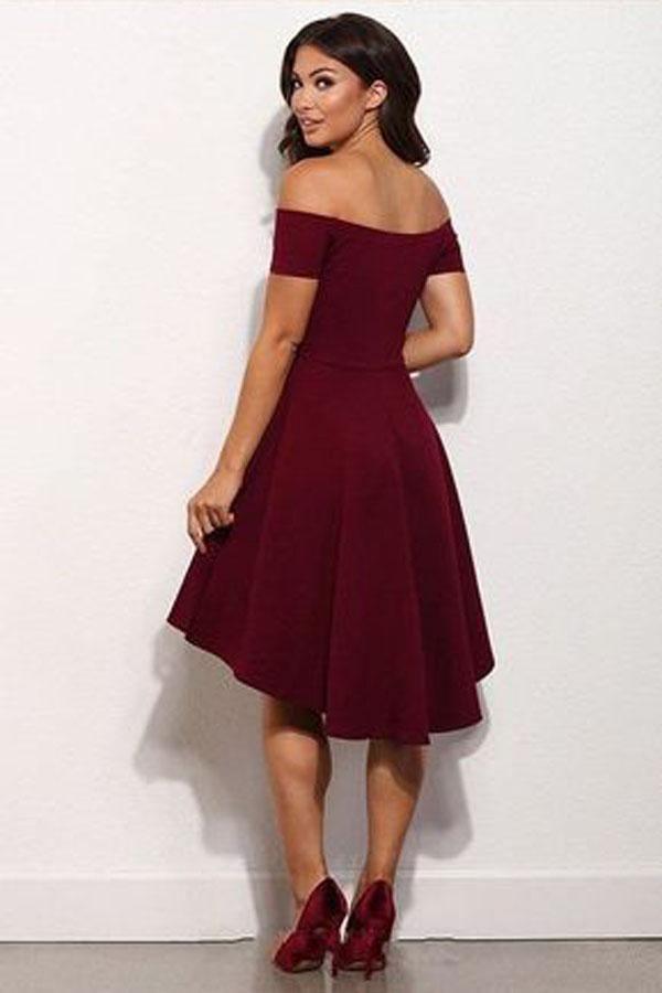 High Low Off-The-Shoulder Burgundy Short Prom Dress Homecoming Dress