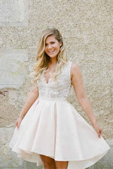 High Low Prom Dress with Lace Top V Neck Backless Homecoming Dress