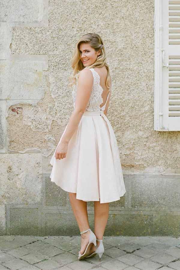 High Low Prom Dress with Lace Top V Neck Backless Homecoming Dress