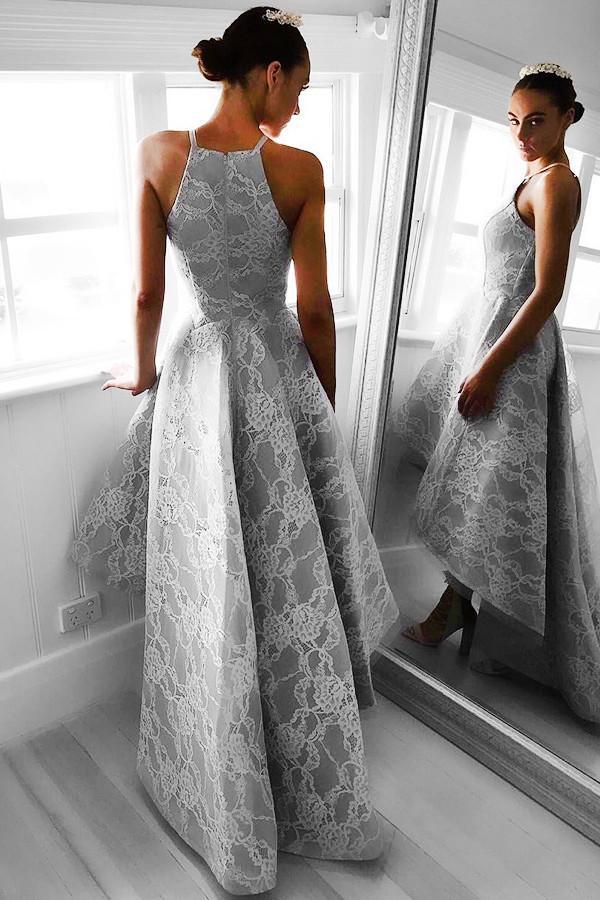 High Low Sleeveless Grey Satin Prom Dress Evening Dress with Lace