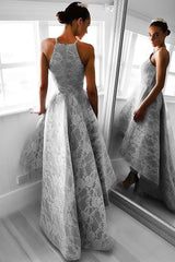 High Low Sleeveless Grey Satin Prom Dress Evening Dress with Lace