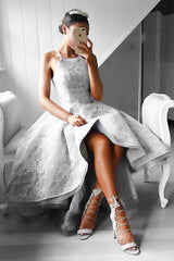 High Low Sleeveless Grey Satin Prom Dress Evening Dress with Lace