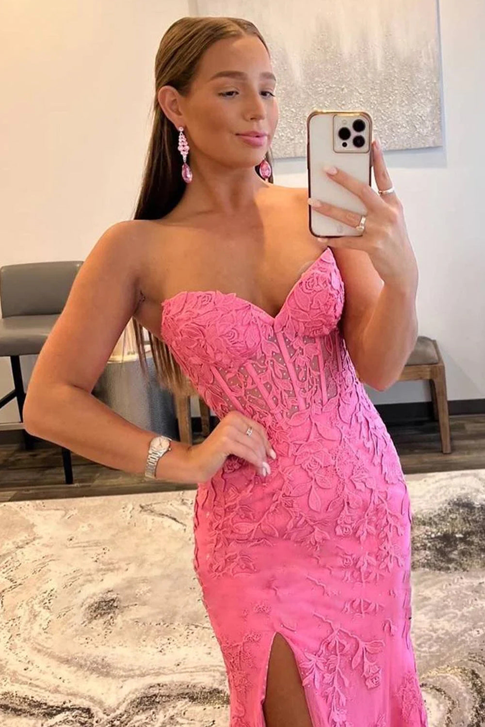 Mermaid Sheath Strapless Corset Lace Prom Dress with Slit