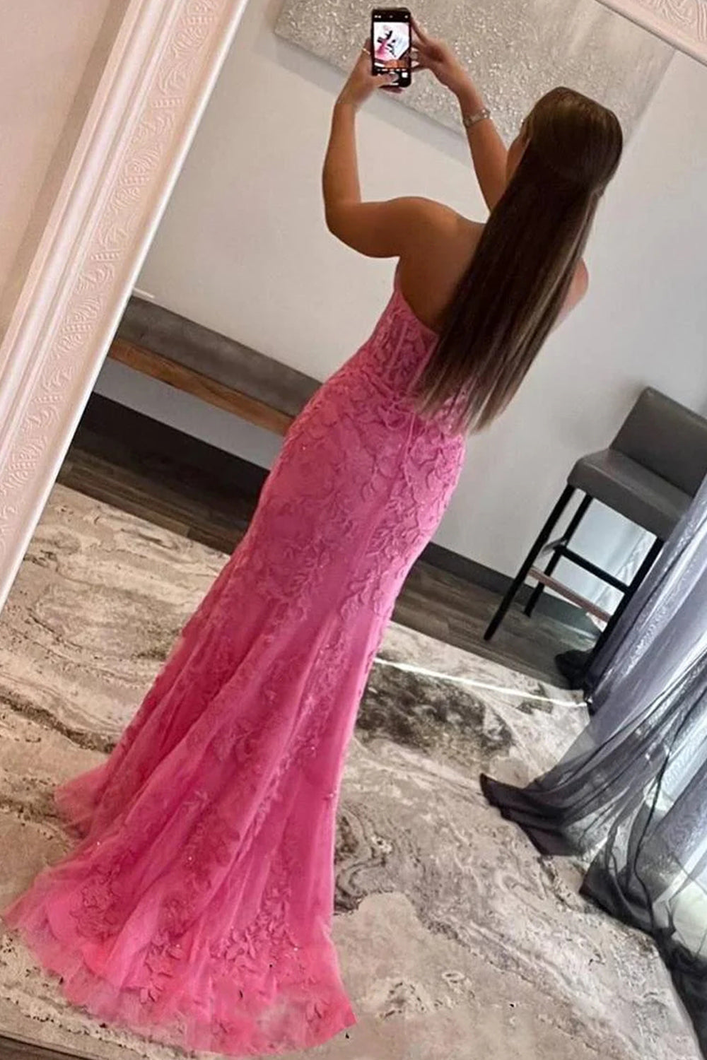 Mermaid Sheath Strapless Corset Lace Prom Dress with Slit
