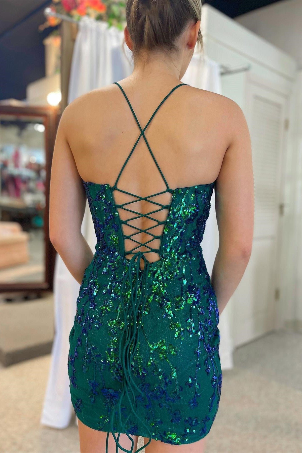 Lavender Sequin-Embroidery Lace-Up Short Homecoming Cocktail Dress