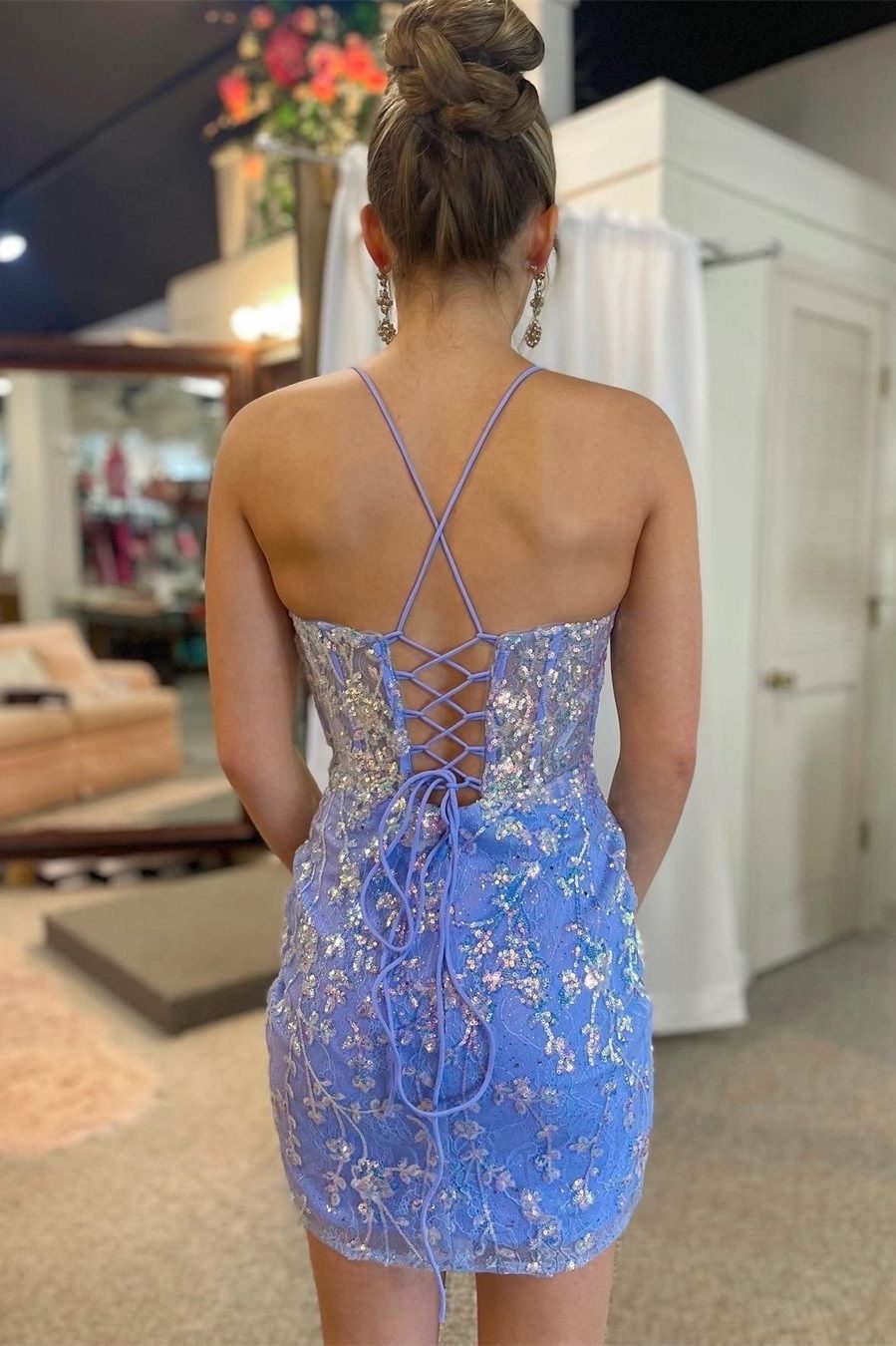Lavender Sequin-Embroidery Lace-Up Short Homecoming Cocktail Dress