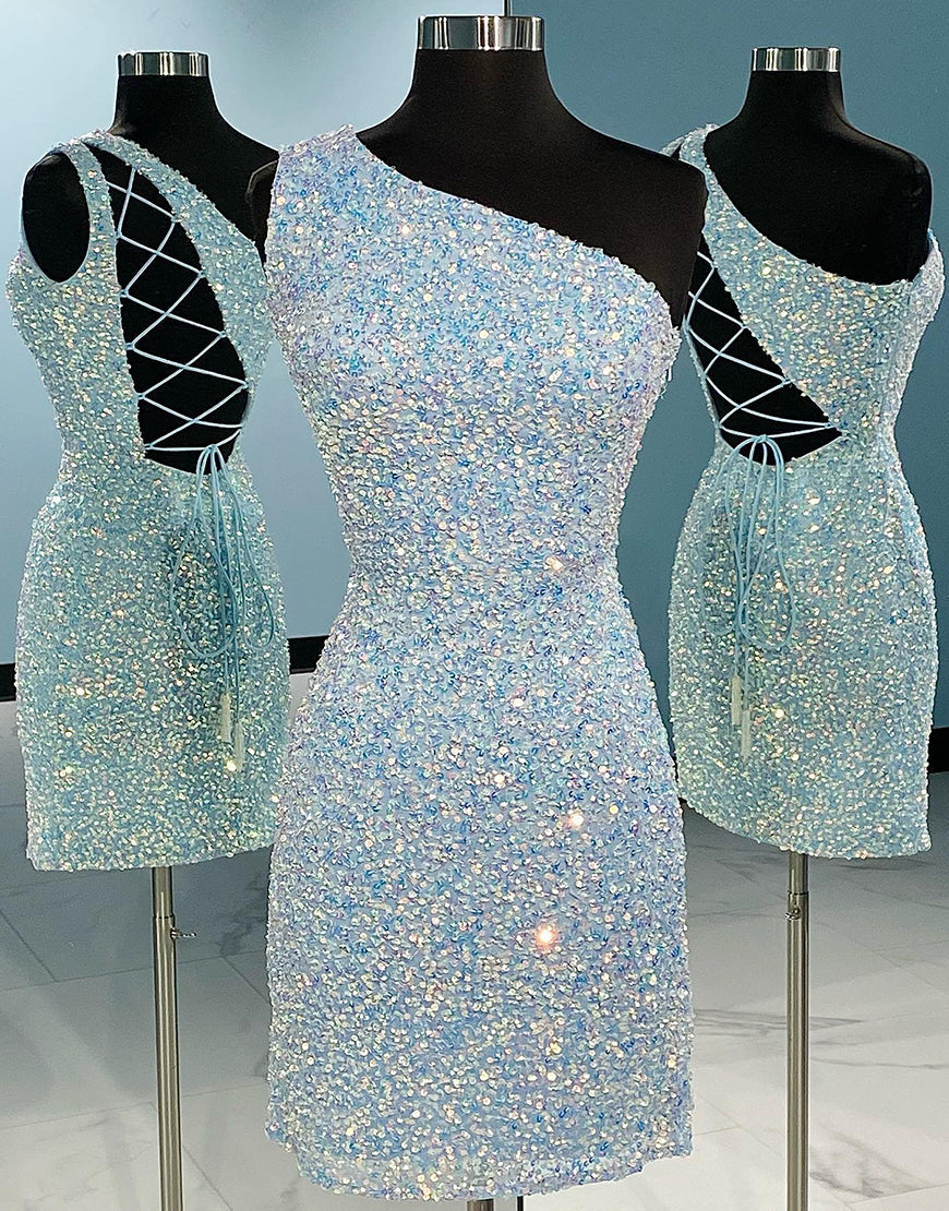 One Shoulder Tight Baby Blue Homecoming Dress