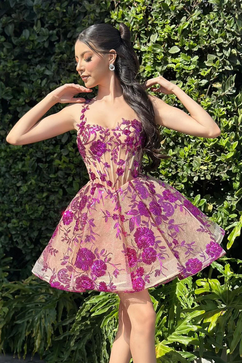 Cute A-Line Purple Sequins Appliques Sweetheart Short Homecoming Dress
