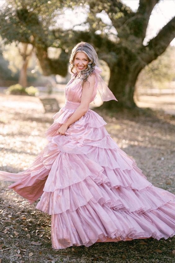 Glitter Tie Straps Cute Pink Plunging Neck Ruched Long Prom Dress
